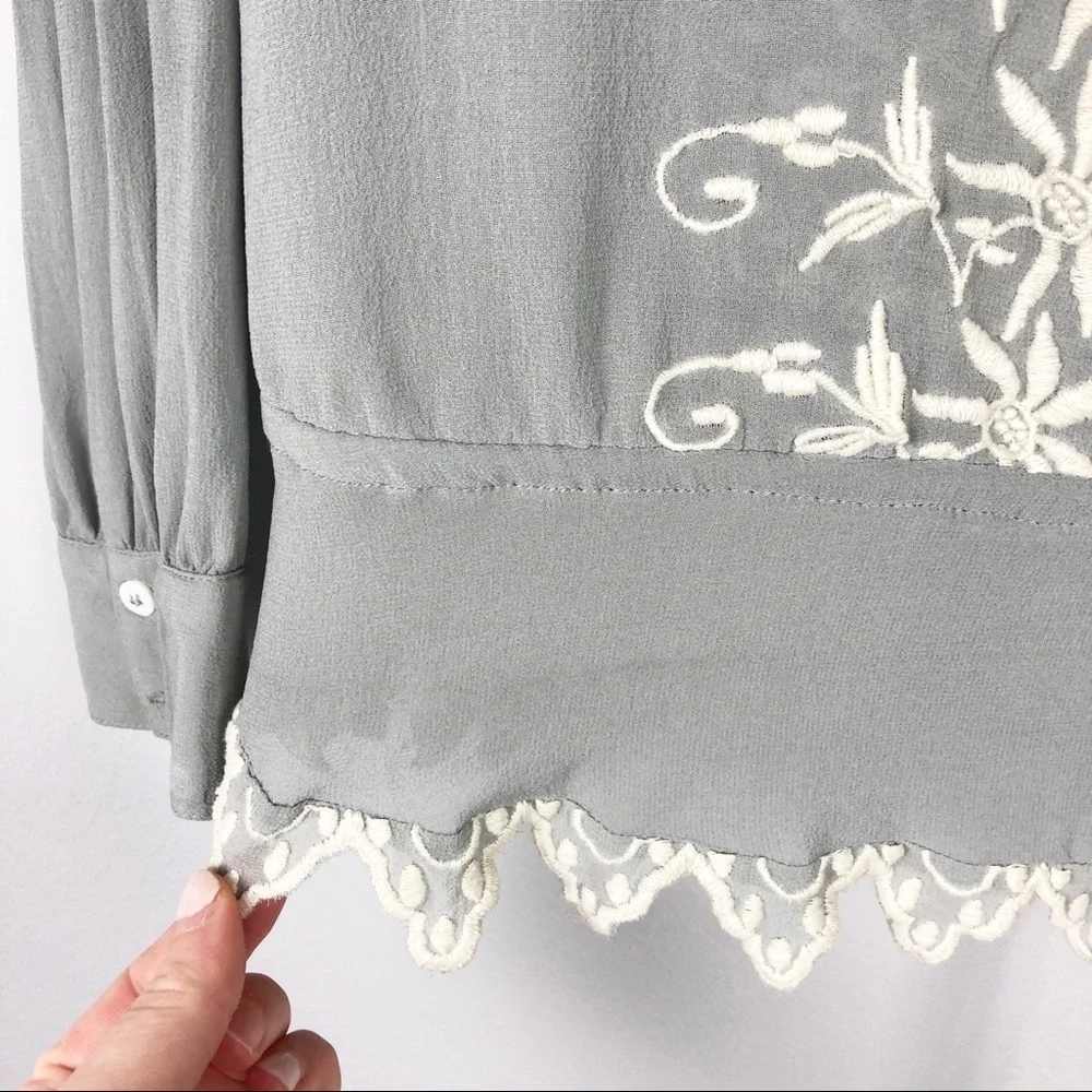 LoveShackFancy Embroidered Silk Georgette Long Sleeve Prairie Top Green Casual - Picture 8 of 11